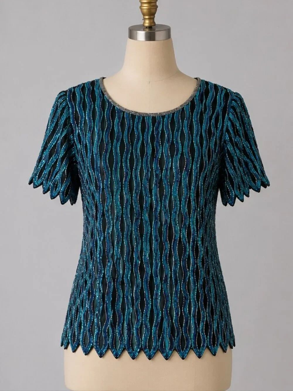 Sténay Vintage Vertical Stripe Sequined Aqua Shoulder Pads Lined Top
